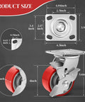 Heavy Duty 4 Inch Industrial Casters With Secure Rolling Brakes 3200 Lbs Capacity Polyurethane Treads dimensions and details