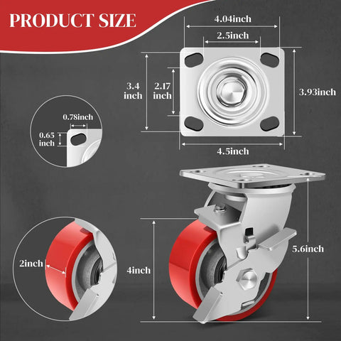 Heavy Duty 4 Inch Industrial Casters With Secure Rolling Brakes 3200 Lbs Capacity Polyurethane Treads dimensions and details
