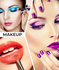 Collage of women applying vibrant makeup, showcasing blue eyeshadow, purple nail polish, and red lipstick.