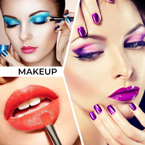 Collage of women applying vibrant makeup, showcasing blue eyeshadow, purple nail polish, and red lipstick.