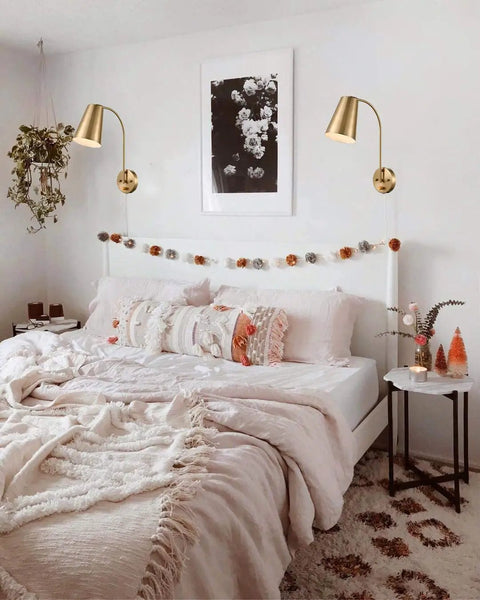Bedroom with Dope Modern Gold Wall Sconce Set Of 2 With 2 In 1 Plug In Or Hardwired Design, Includes 5.9 ft White Cord.