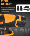 Close-up of Pro Grade Tile Vibration Tool showing grip handle and 2 rechargeable 12V batteries ideal for pros and DIY tilers.