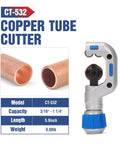 Heavy Duty Copper Pipe Press Tool Kit For 1/2 Inch And 3/4 Inch Viegas Propress Fittings Includes Socket Wrench And Cutters Compact Design With Led Light For Easy Access In Tight Spaces Perfect For Hvac Pros Copper tube cutter model CT-532 for pipes 3/16 inch to 1 1/4 inch in size.