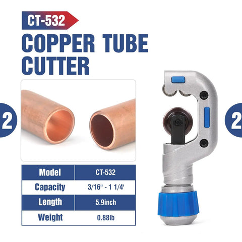 Heavy Duty Copper Pipe Press Tool Kit For 1/2 Inch And 3/4 Inch Viegas Propress Fittings Includes Socket Wrench And Cutters Compact Design With Led Light For Easy Access In Tight Spaces Perfect For Hvac Pros Copper tube cutter model CT-532 for pipes 3/16 inch to 1 1/4 inch in size.