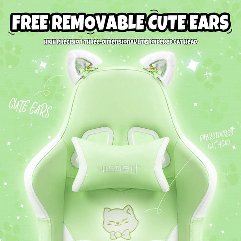 Totally Cute Cat Ears Gaming Chair With Detachable Ears, Plush Cat Paw Lumbar Pillow, Ergonomic PU Leather Office Chair, green