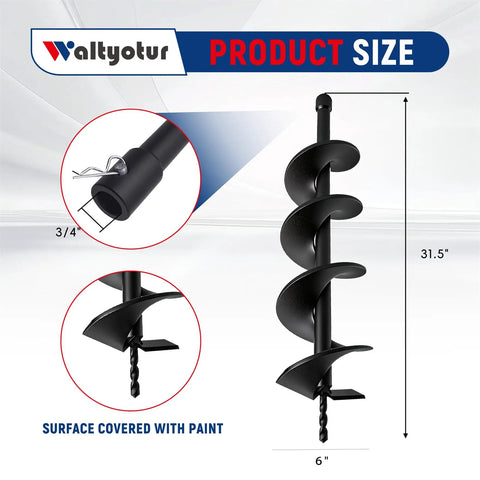 Heavy Duty Garden Auger Drill Bit Six By Thirty One Inch Spiral Hole Digger for post and umbrella holes, black coating