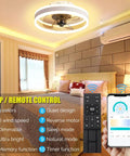 Dope 16 Inch Bladeless Ceiling Fan With Lights Remote And App Control in a bedroom setting, showing features and controls.