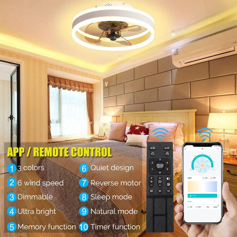 Dope 16 Inch Bladeless Ceiling Fan With Lights Remote And App Control in a bedroom setting, showing features and controls.