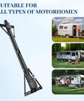 Rear Trailer Power Stabilizer Jack Stand Kit With Electric Switch No Crank Needed Independent Legs next to motorhomes
