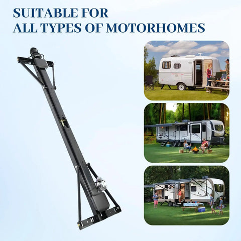 Rear Trailer Power Stabilizer Jack Stand Kit With Electric Switch No Crank Needed Independent Legs next to motorhomes