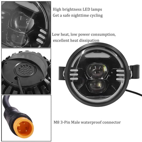 Ultra Bright E Bike Headlight With Built In Horn And Speaker Multi Beam Front Light For Fat Tire Ebikes, front view with connector
