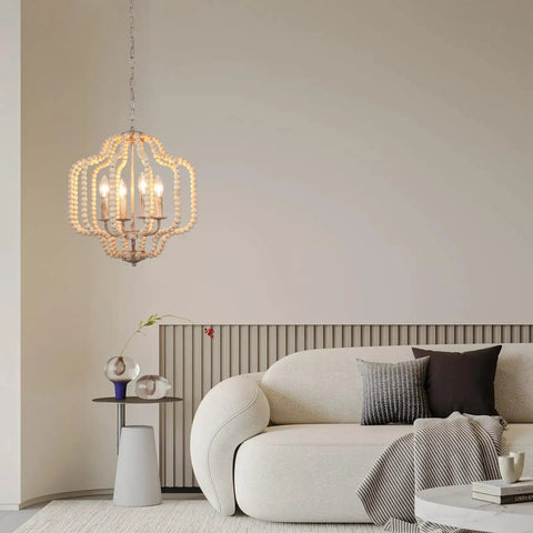 Modern Chandelier Light Fixture With Wood Beaded Boho Pendant 4 Lights Orb Design Vintage Farmhouse Ceiling Light in living room
