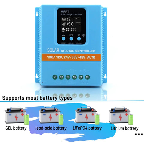 Beefed Up 100A MPPT Solar Charge Controller With LCD Display for 12V 24V 36V 48V Systems Auto Detect, with battery types shown.