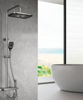 CUTPOIY Thermostatic Shower System, 4 Functions Shower Faucet Set with overhead and handheld shower heads in modern bathroom.