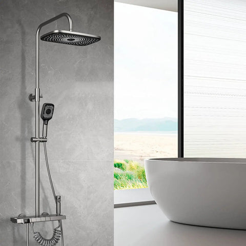 CUTPOIY Thermostatic Shower System, 4 Functions Shower Faucet Set with overhead and handheld shower heads in modern bathroom.
