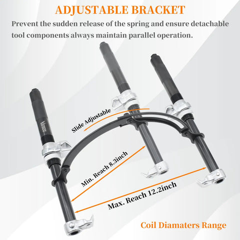 Heavy Duty Coil Spring Compressor Tool For MacPherson Struts Built Tough With Extendable Safety Bracket showing max reach 12.2 inch