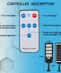 Remote control and features of Outdoor Solar Flood Lights With Motion Sensor And Remote Control Waterproof Dusk To Dawn Led Street Lights For Exterior Walls Patios Yards Decks Gardens Parking Lots 2 Pack, with mode options.