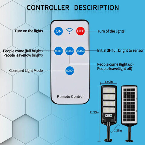 Remote control and features of Outdoor Solar Flood Lights With Motion Sensor And Remote Control Waterproof Dusk To Dawn Led Street Lights For Exterior Walls Patios Yards Decks Gardens Parking Lots 2 Pack, with mode options.