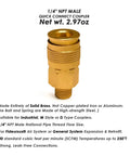 Brass 1/4 Inch NPT Male Air Couplers Set, Six Piece Industrial M Style Quick Connect Fittings For Air Compressors