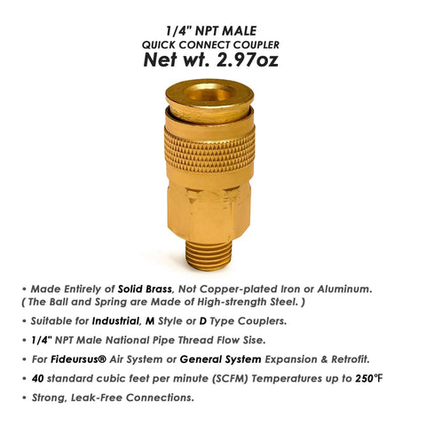 Brass 1/4 Inch NPT Male Air Couplers Set, Six Piece Industrial M Style Quick Connect Fittings For Air Compressors