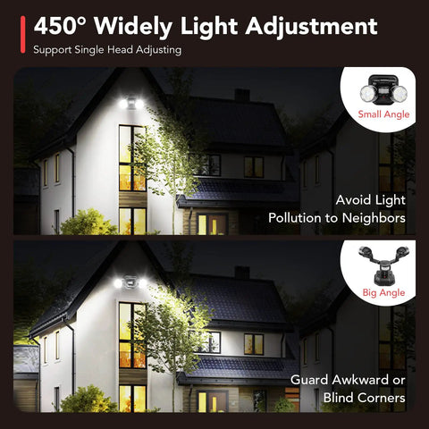 Dope Led Flood Light Outdoor Motion Sensor With Wide 450 Degree Adjustability illuminating house façade at night.