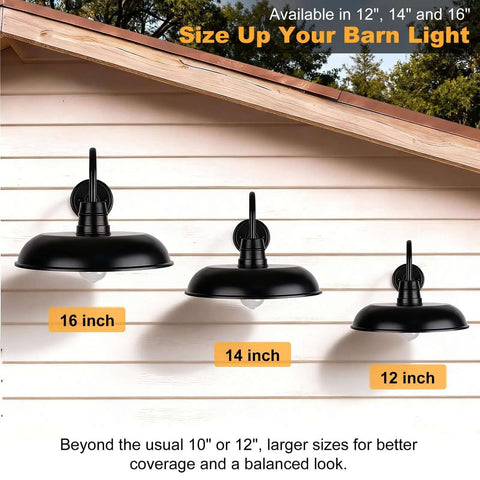 Outdoor Gooseneck Barn Light 14 Inch Wide Two Pack Farmhouse Industrial Rustic Black Waterproof Wall Mount Lamps in 16, 14, 12 inch sizes displayed on a house exterior for garage entryways barn exterior lighting with soft warm glow and weather resistant build