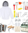 All In One Beekeeping Starter Kit With 30 Piece Gear And Protective Jacket for Beginners, tools and equipment shown.
