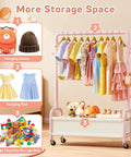 Heavy Duty Toddler Clothes Rack Featuring Open Storage Shelf with colorful outfits and toys organized below for easy access.