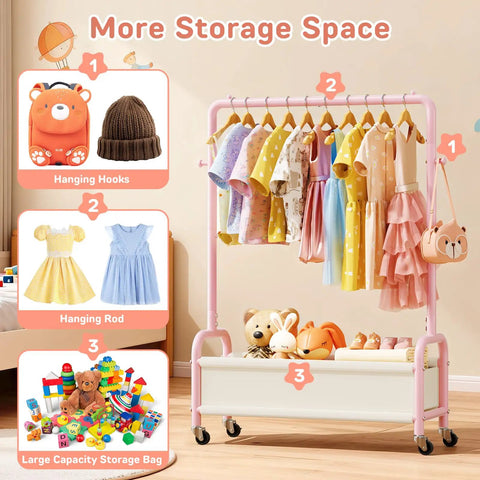 Heavy Duty Toddler Clothes Rack Featuring Open Storage Shelf with colorful outfits and toys organized below for easy access.
