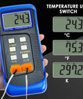 Front view of blue handheld digital K-type thermometer, dual-channel with 4 thermocouples for HVAC (-50 to 1300°C)