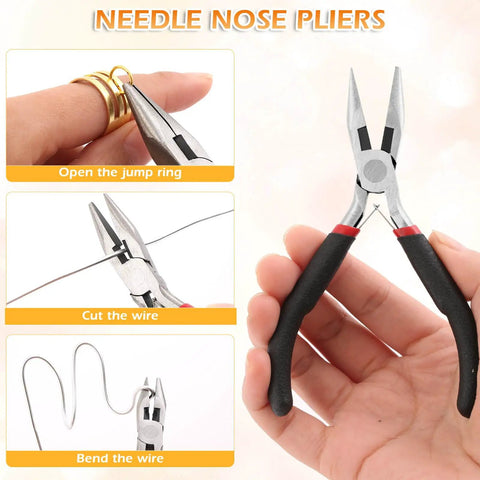 Needle nose pliers from Dope Jewelry Making Kit With 1260 Jump Rings And Lobster Clasps, used for opening rings and cutting wire.