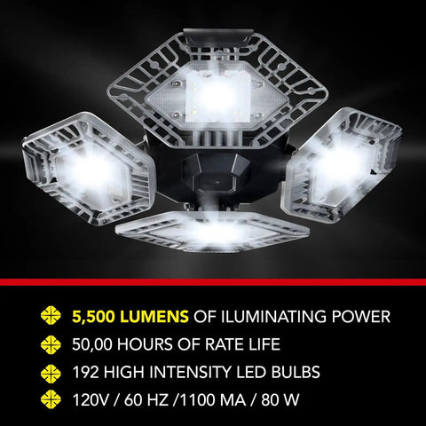 QuadBurst LED Ceiling Light With 4 Adjustable Aluminum Panels 80W 5500 Lumens High Brightness LED Shop Light illuminated