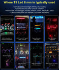 Various car dashboards illuminated by T3 Neo Wedge 3030 LED bulbs, showing gauges and HVAC controls with easy install lamps.