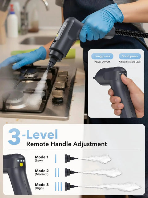 Hardcore Heavy Duty Steam Cleaner With Three Adjustable Pressure Settings in use on a kitchen stove with steam.