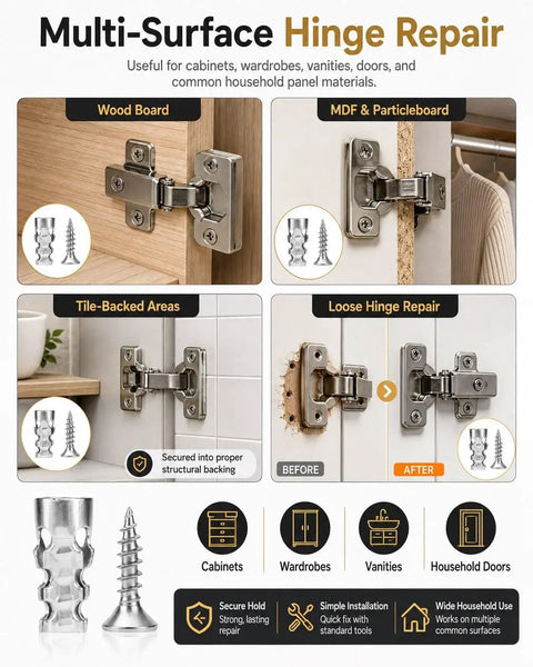 Heavy Duty 6×14mm Door Hinge Thread Repair Screws Kit To Fix Wobbly Cabinet Doors Sagging Hardware Fast Without Replacing Shelves For A Secure Tight Fit. metal screws and anchors for wood, MDF, tile-backed cabinet hinge repair.