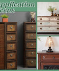 Application scene showcasing Four Pack Antique Oval Drawer Pulls in Antique Bronze on various furniture styles.