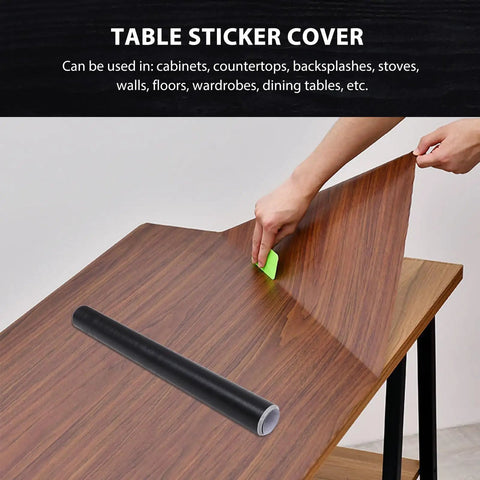 Self Adhesive Wood Grain Vinyl Wraps For Cabinets And Walls Removable Peel And Stick Furniture Cover being applied on a table.