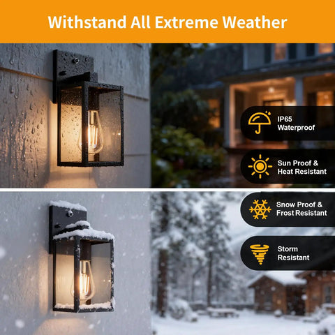 Dusk To Dawn Outdoor Wall Light With Automatic Sensor Solid Black Metal Coach Lantern Waterproof Porch Fixture showcasing rain and snow resistance