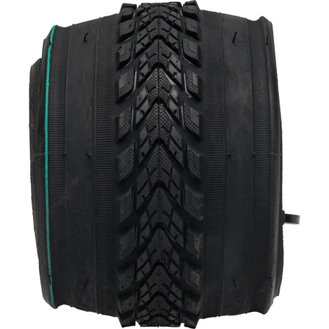 Front view of Flat Defense Comfort Bike Tire For 26 Inch Wheels 1.75 To 2.25 Inch Width Black With Puncture Protection And 25 Percent More Strength For Everyday Street Rides showing tread pattern.