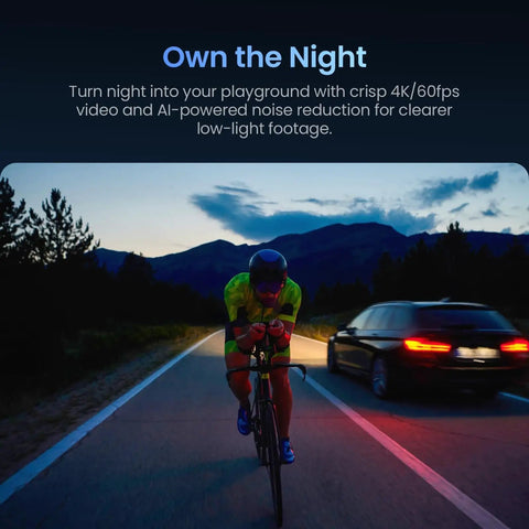 Cyclist at night on a road, showcasing Knockout 4K Action Camera With Hella Solid Build And Smooth 120fps Shooting for low-light footage.