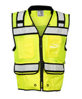 Rock Solid Hi Vis Surveyor Vest With Zipper Front Closure Ansi Class Two Type R Certified Lime Polyester Reflective Safety Vest featuring tool pockets.