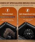 Automatic Electric Portafilter Puck Cleaner With Scrapers And Brush Heads For 51MM And 58MM Espresso Machines showing flat and ball-shaped brush heads for cleaning.