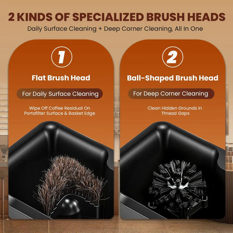 Automatic Electric Portafilter Puck Cleaner With Scrapers And Brush Heads For 51MM And 58MM Espresso Machines showing flat and ball-shaped brush heads for cleaning.