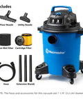 5 Gallon Wet And Dry Shop Vacuum With 3 Peak HP 65 CFM 16 Foot Reach Includes 8 Accessories With Cartridge Dry Filter And Foam Wet Filter VOC507PF Great For Home Or Shop Cleanup with accessories displayed