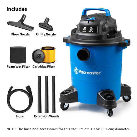 5 Gallon Wet And Dry Shop Vacuum With 3 Peak HP 65 CFM 16 Foot Reach Includes 8 Accessories With Cartridge Dry Filter And Foam Wet Filter VOC507PF Great For Home Or Shop Cleanup with accessories displayed