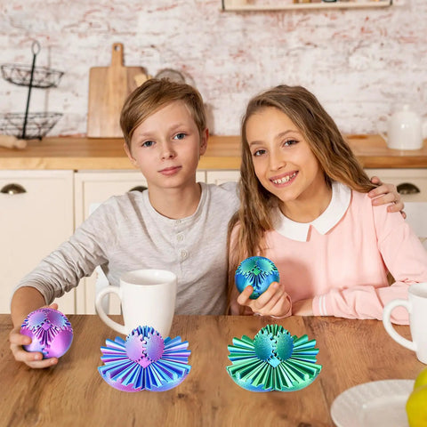 Kids playing with Gear Ball Fidget Toy Set Two Pack Steampunk Gear Sphere For Stress Relief And Focus, green and purple, 2.5 inches
