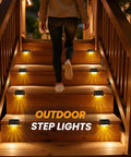 16 Pack Solar Deck Lights Outdoor Waterproof LED Fence Lamps lighting wooden stairs at night with warm white glow
