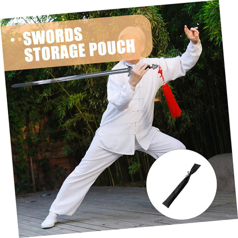 Man practicing martial arts with sword, inset of Protective Black Cotton Cloth Japanese Carrying Bag For Safe Transport And Display.