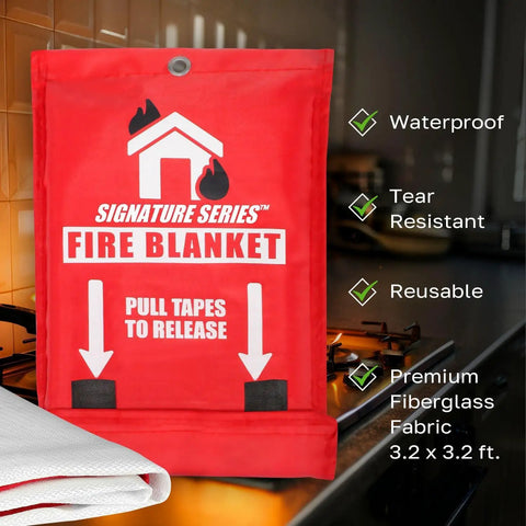 StaySafe All-In-One Portable Fire Extinguisher With Signature Fire Blanket in a kitchen setting, reusable fiberglass
