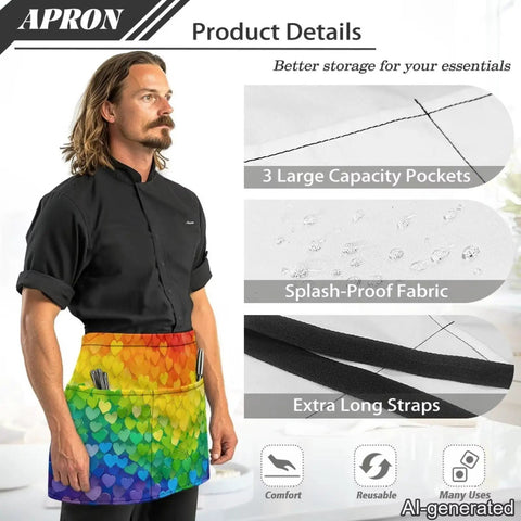 Rainbow Hearts 3 Pocket Waist Short Apron Waterproof Oil Resistant Half Apron For Restaurant Waitstaff Coffee Shops Barbers